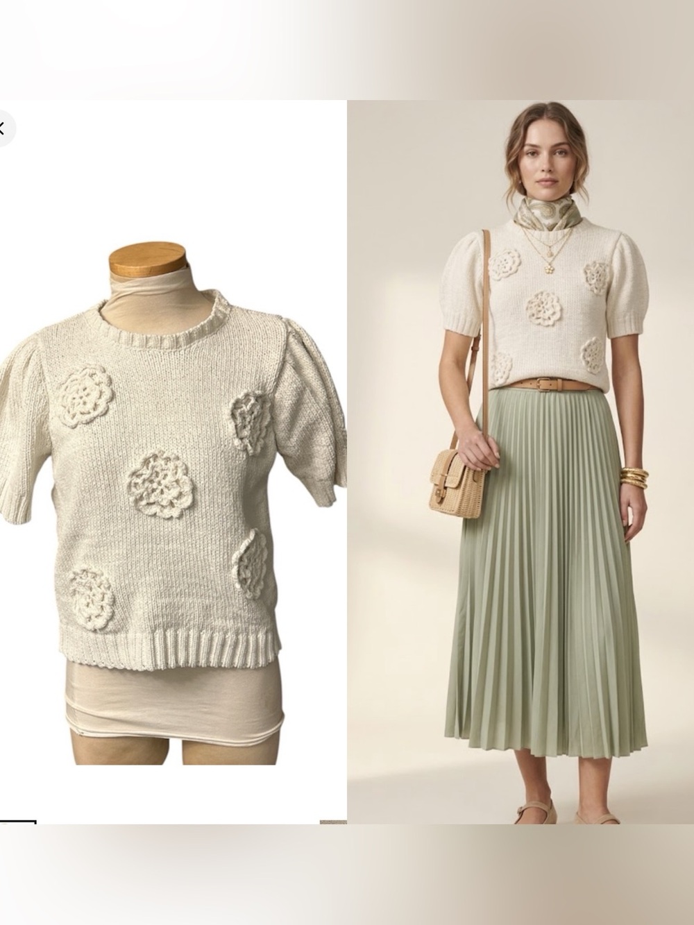 Joie Cream Short-Sleeve Knit Sweater with Crochet Floral Accents Size Small